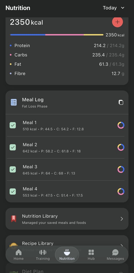 Nutrition screen in the Nexus Coaching app