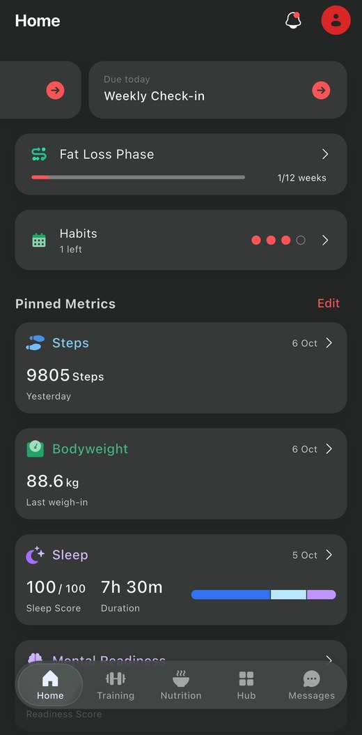 Home screen in the Nexus Coaching app