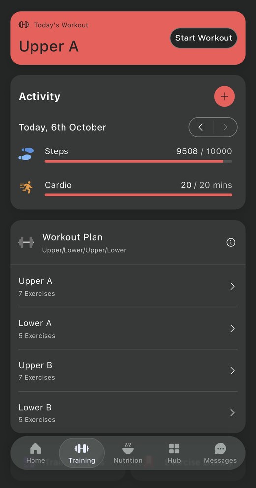 Training screen in the Nexus Coaching app